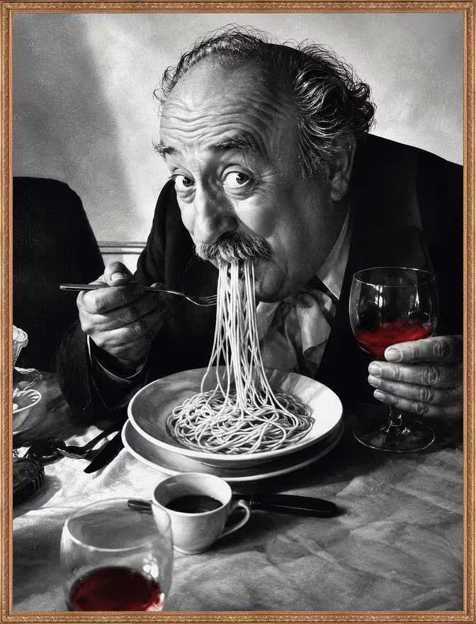 Gerahmtes Schwarz-Weiß-Bild eines Gastes, der im Matzbach genussvoll Pasta mit einem Glas Rotwein isst